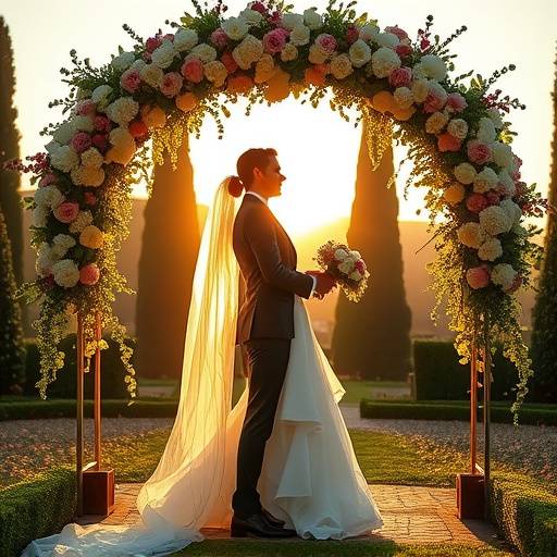 Fotografia di una coppia di sposi che si bacia sotto un arco di fiori durante il loro matrimonio a Villa Bardini, Firenze