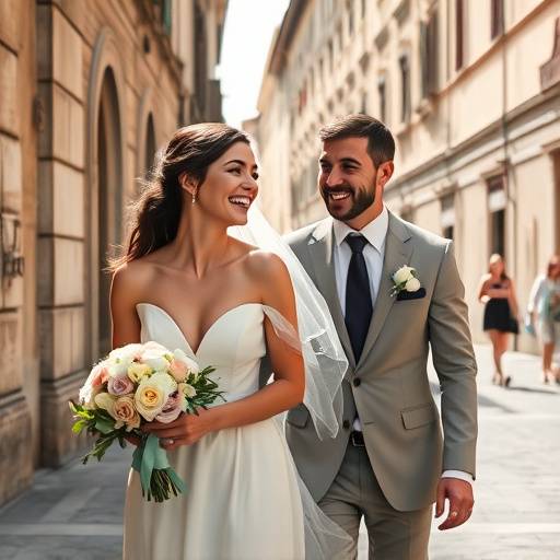 Fotografia di una sposa che ride mentre cammina per le strade di Firenze con il suo sposo