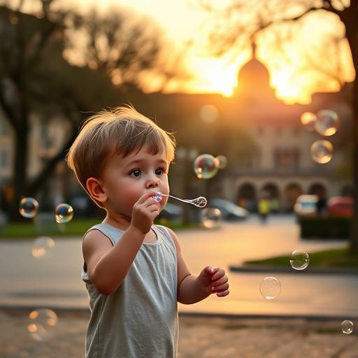 Ritratto di un bambino che gioca con le bolle di sapone in un parco di Firenze
