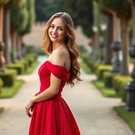 Ritratto di una giovane donna con un vestito rosso in posa nel Giardino di Boboli a Firenze