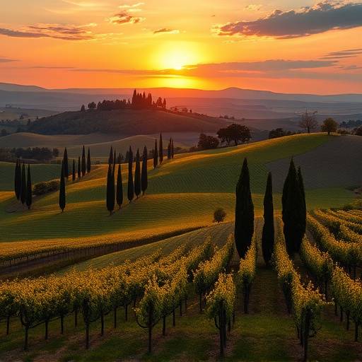Un paesaggio mozzafiato delle colline toscane al tramonto, con cipressi e vigneti